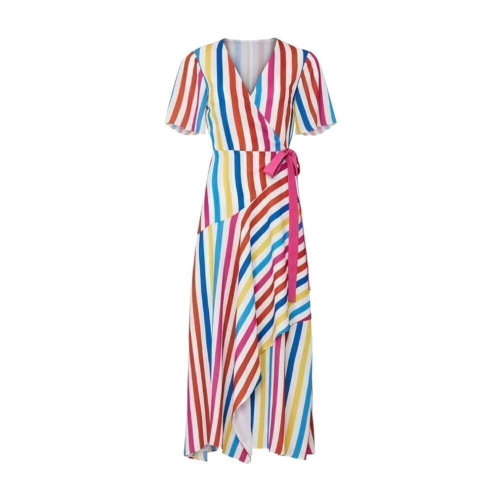 Taira Colorful Stripe Short Sleeve Tie Wrap Midi Layered Dress Women's Sz XS